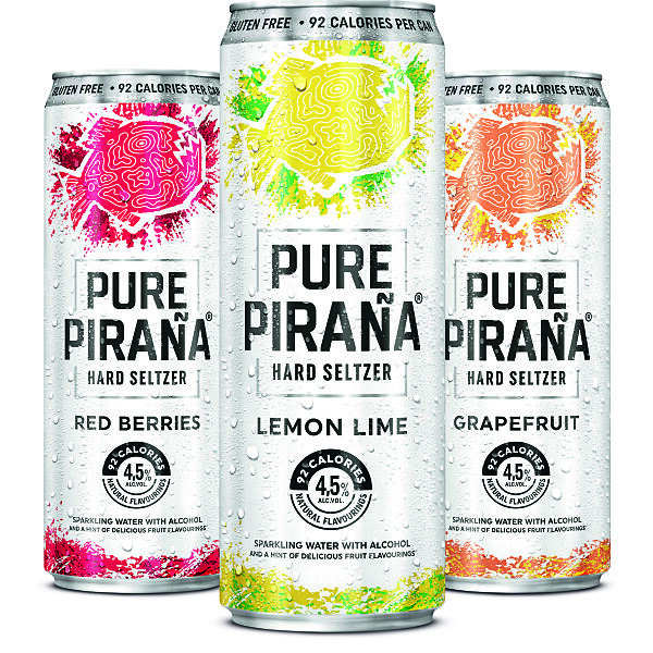 Pure Piraña: Pur prickelndes Wasser trifft auf Alkohol aus fermentiertem Zucker und natürliche Frucht in den drei Geschmacksrichtungen Grapefruit, Red Berries und Lemon Lime. 